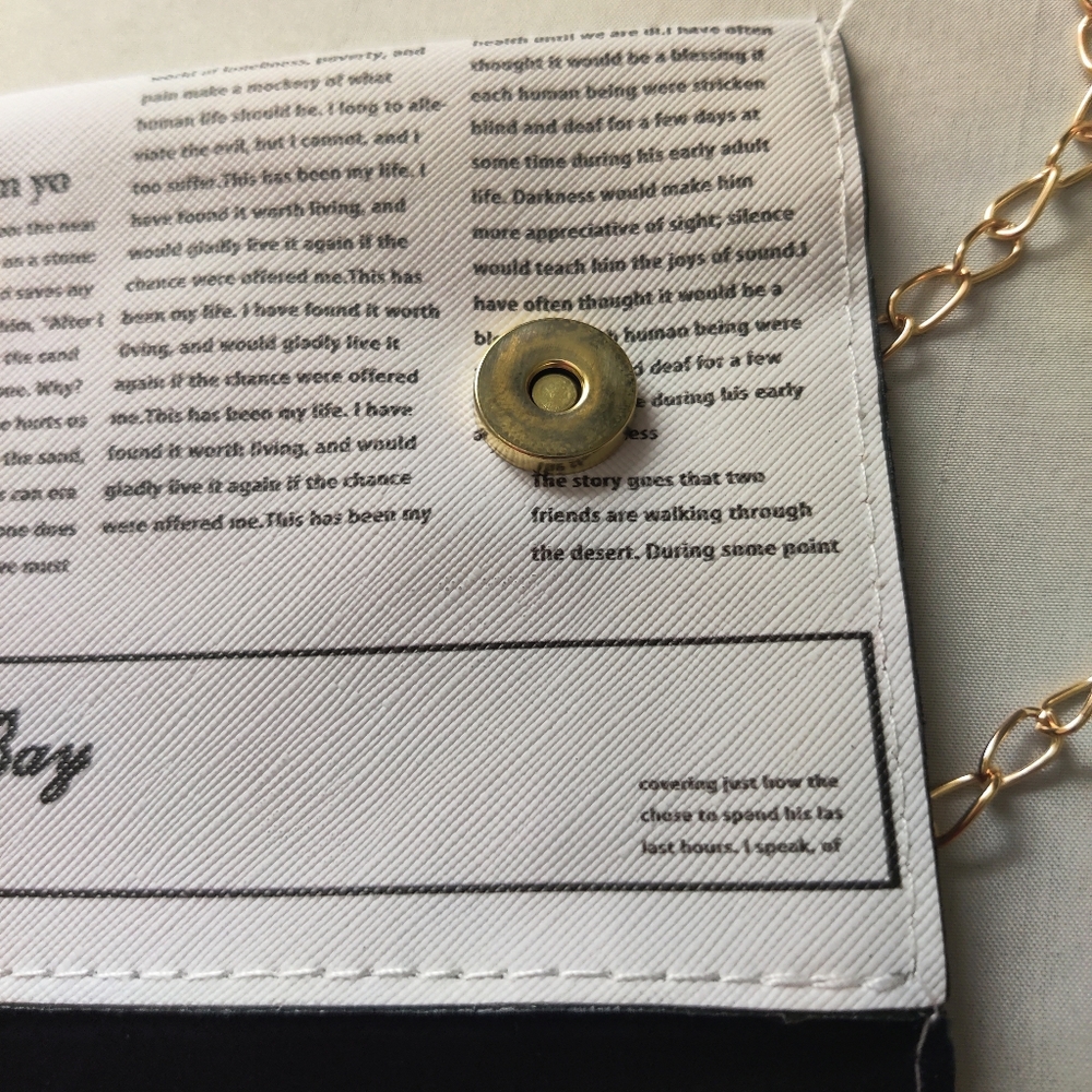 Newspaper Print Flap Crossbody Purse, Clutch, Snap Added Gold Chain New! 8" X 5" - Picture 13 of 17